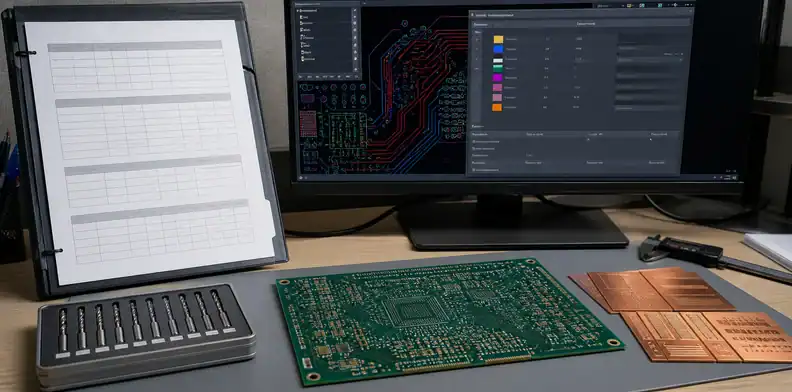 A rule setup workstation shows pcb drc vs dfm capability values being converted into CAD constraints.