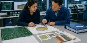 PCB stackup approval review with supplier sign-off files, material swatches, and multilayer PCB sample