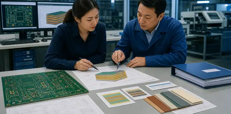 PCB stackup approval review with supplier sign-off files, material swatches, and multilayer PCB sample