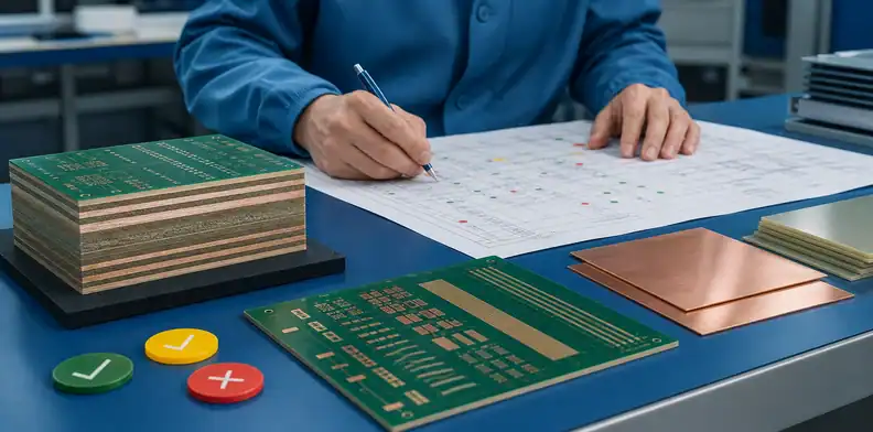PCB stackup approval evidence with impedance coupon, copper samples, and engineering approval markers