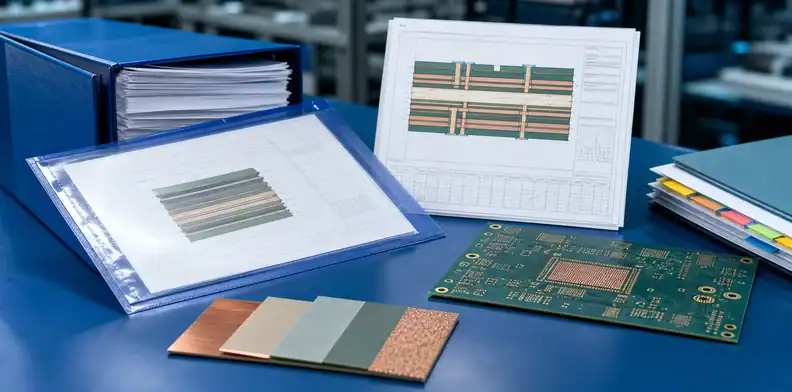 PCB stackup approval final RFQ package with revision tabs, material swatches, and controlled board release
