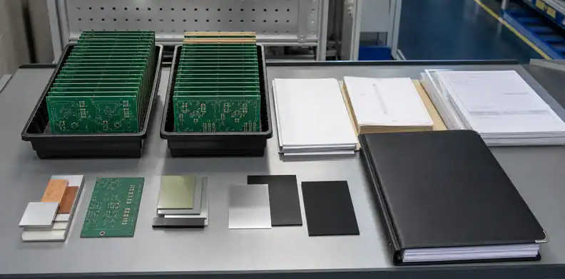 PCB trays and material samples show ai pcb prototype to production supplier transfer with controlled DFM records.