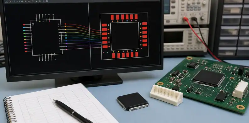 A CAD workstation shows ai pcb footprint verification for symbol pins, footprint pads, and component mapping.