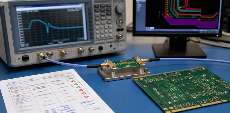 A TDR fixture and reroute screen show ai pcb impedance stackup verification after fabrication.