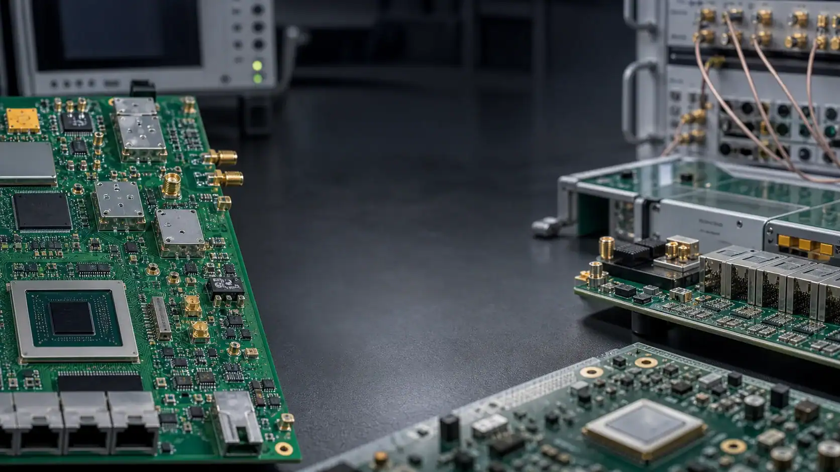 Telecom PCB assembly with RF modules, network ports and communication test equipment