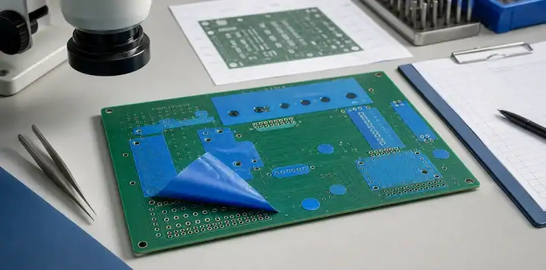 Blue peelable solder mask covers selected PCB regions for RFQ coverage and boundary review.