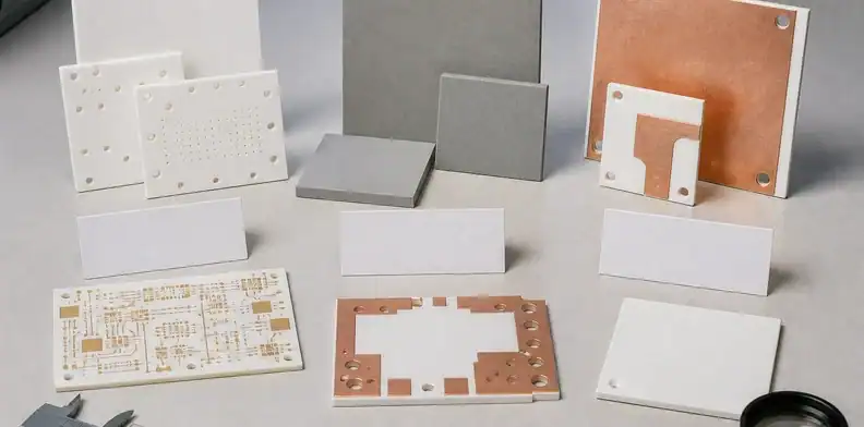Ceramic substrate samples compare ceramic pcb vs aluminum nitride substrate terminology on an engineering bench.