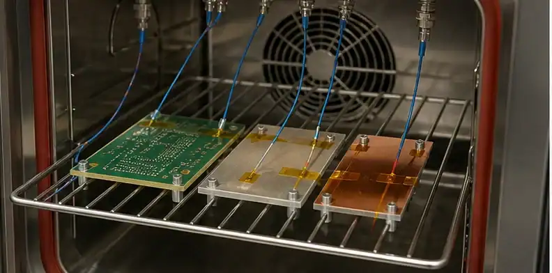 BT and polyimide samples are wired inside a thermal chamber for exposure review.