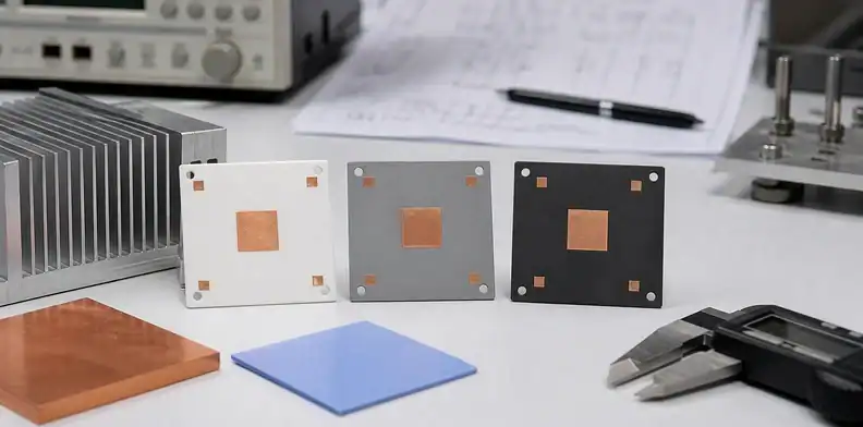 An engineering bench compares ceramic pcb thermal conductivity with alumina, AlN, and Si3N4 substrate samples.