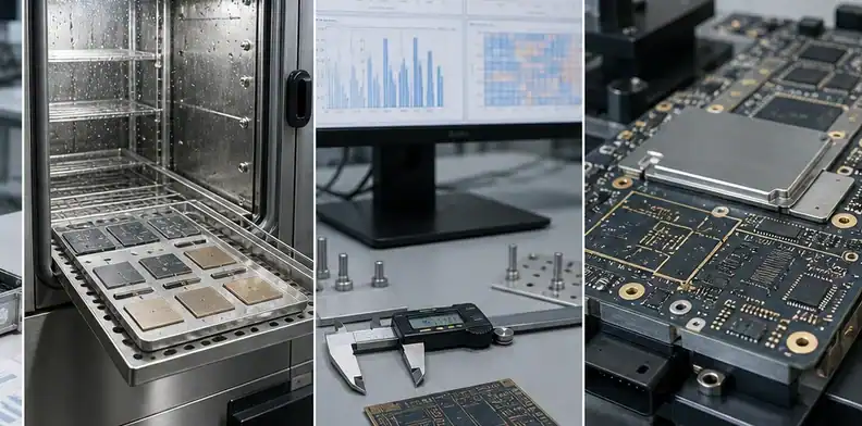 Abstract charts and substrate samples show BT PCB automotive reliability evidence checks.