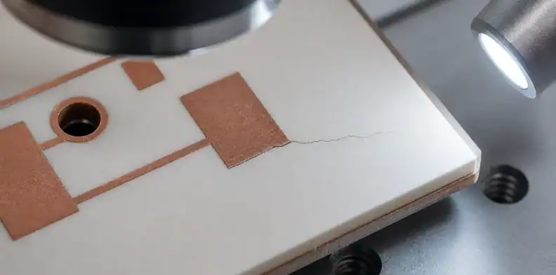 A magnified ceramic coupon shows how ceramic pcb cte mismatch can create crack paths near copper.