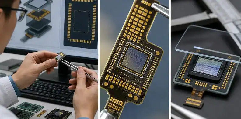 A thin organic carrier illustrates BT PCB for fingerprint sensor pad and die placement review.
