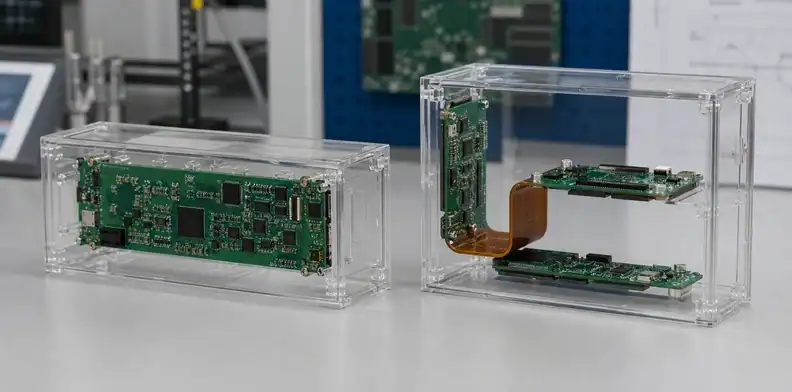 Enclosure planes and interconnect paths frame the rigid-flex vs large rigid PCB decision.