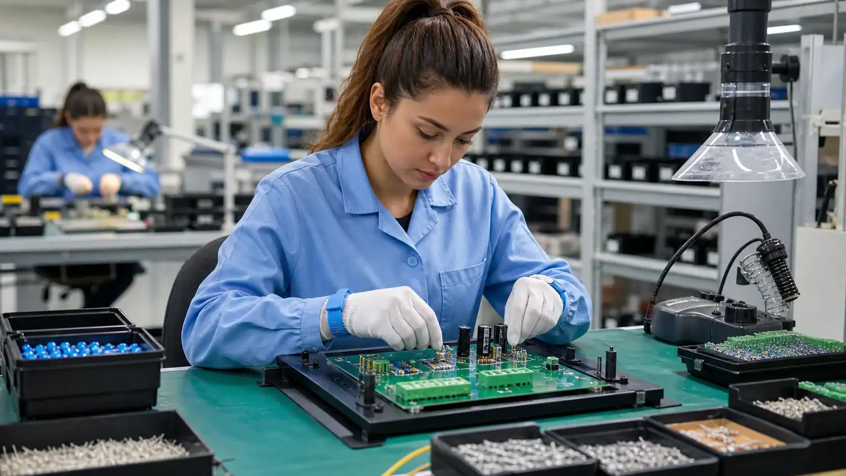 Understanding Through-Hole PCB Assembly - Queen EMS Through-hole PCB assembly operator inserting components at an ESD workbench