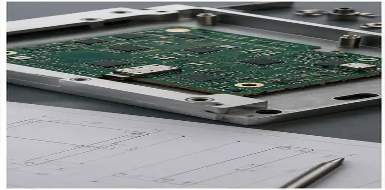 A PCB tolerance stack-up datum review shows a board seated in a fixture with mounting holes and connector edges.