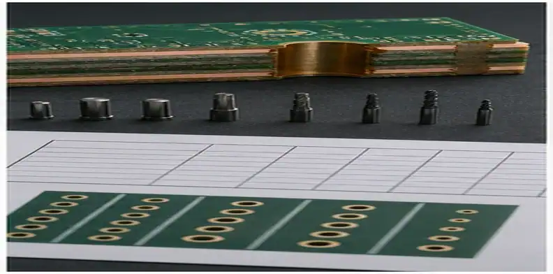 A PCB tolerance stack-up inspection scene shows a thick board cross-section, plated holes, and drill gauges.