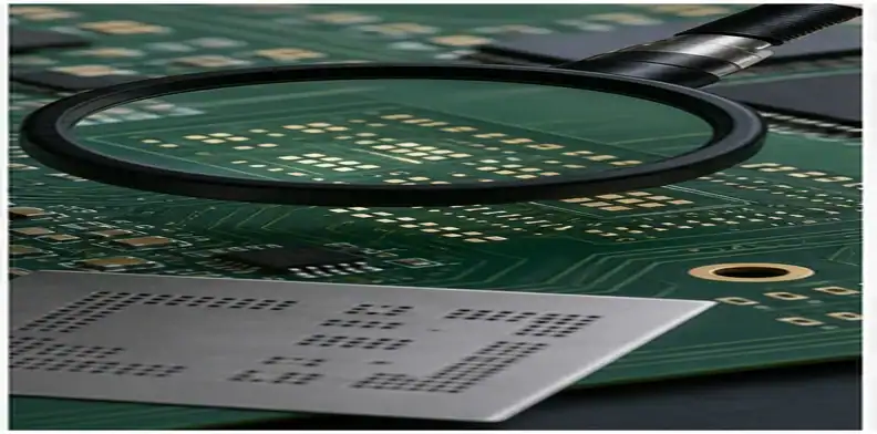 A PCB tolerance stack-up solder mask review shows fine-pitch pads under magnification with stencil tooling nearby.
