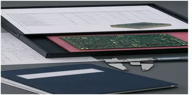 A PCB tolerance stack-up RFQ package shows an inspection folder, calipers, board sample, and abstract dimension grid.