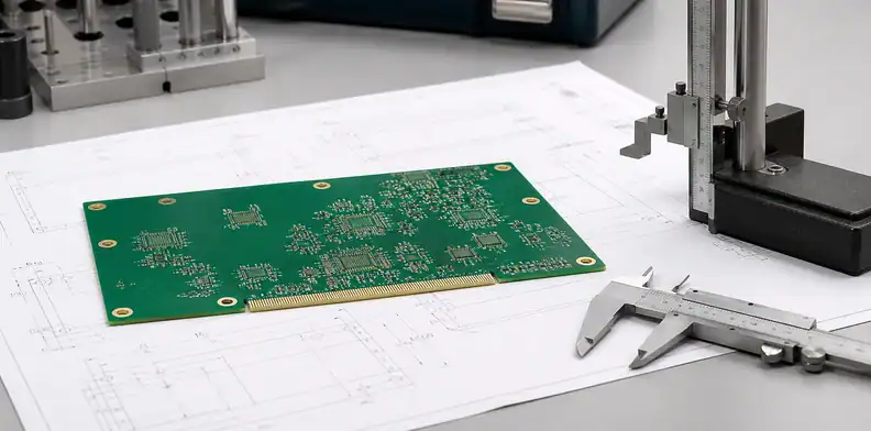 A PCB tolerance stack-up review scene shows a flat board, mechanical drawing, calipers, and height gauge.