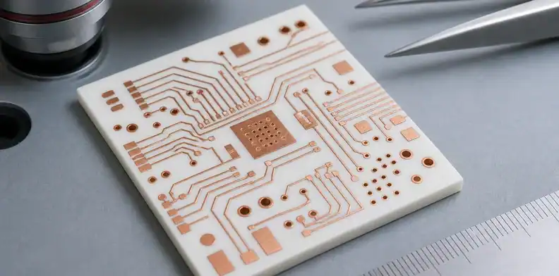 A microscope inspection checks trace and space limits for ceramic pcb thickness capability review.