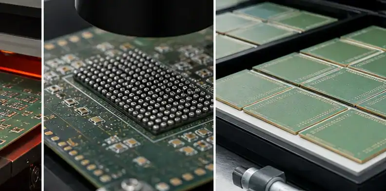 Substrate trays and measurement tools show BT substrate warpage control at receiving inspection.