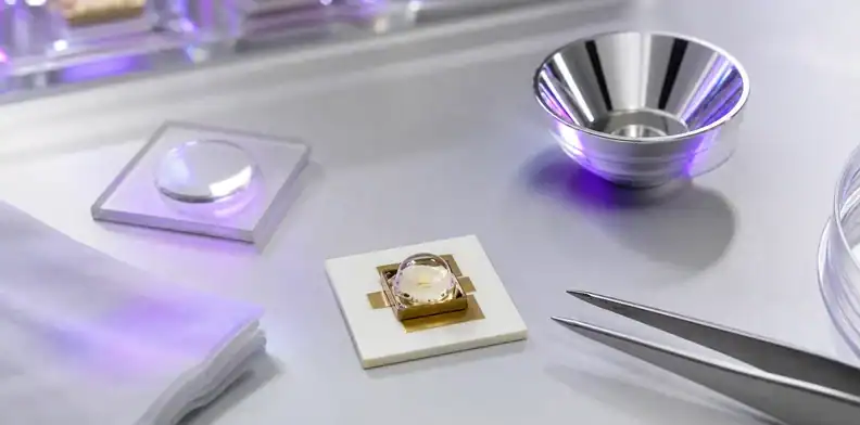 UV-C emitter parts and optical materials are reviewed beside a ceramic pcb for high power led.