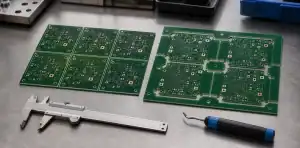 Engineering bench comparing v-score vs tab routing PCB panel break options
