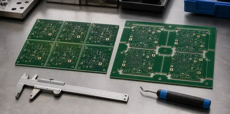 Engineering bench comparing v-score vs tab routing PCB panel break options