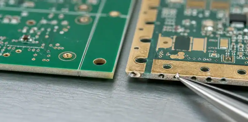Close view of v-score vs tab routing edge quality with mouse-bite holes and burr inspection