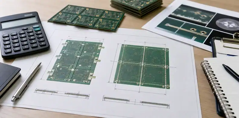Purchasing desk documenting v-score vs tab routing RFQ decision with panel drawings