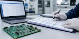 Verify pcb supplier ul evidence with UL file review and PCB qualification records on a desk