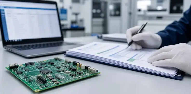 Verify pcb supplier ul evidence with UL file review and PCB qualification records on a desk