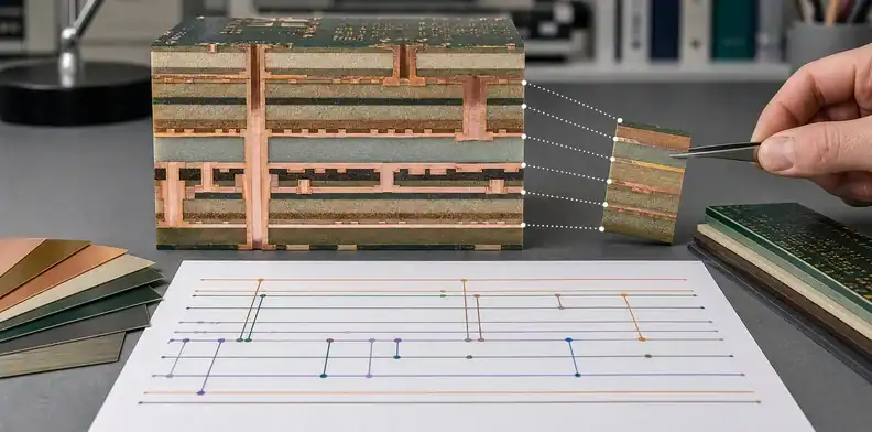 A layer-span map shows blind and buried vias in hybrid PCBs crossing different dielectric groups