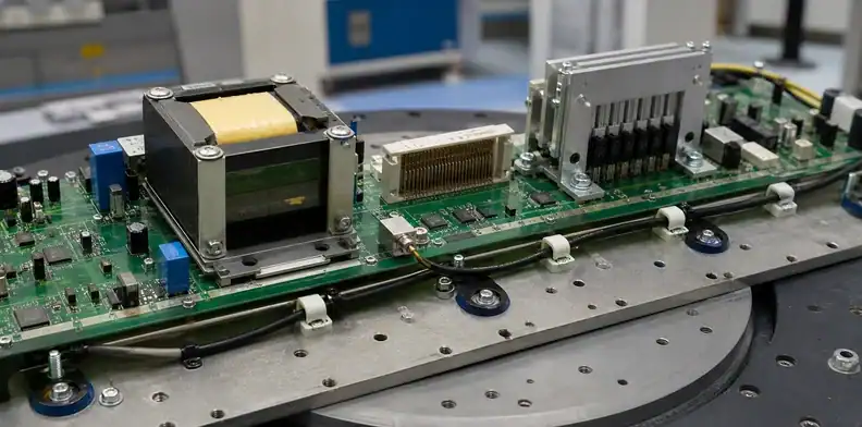 Heavy parts and connectors are monitored during large PCB vibration testing.