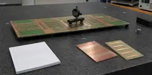 A flatness inspection table shows stackup notes and a mixed-material panel for hybrid PCB warpage review