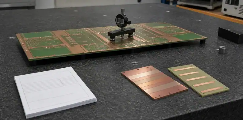 A flatness inspection table shows stackup notes and a mixed-material panel for hybrid PCB warpage review