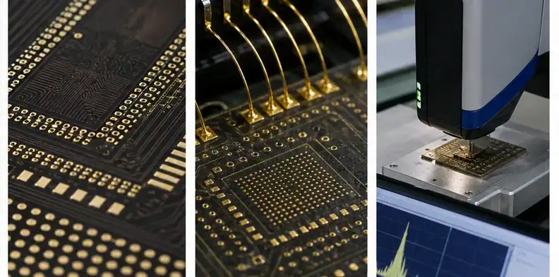 Gold wire bonds illustrate BT PCB surface finish requirements for bondable pads.