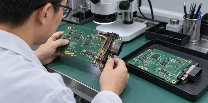 An engineer compares a severely heat-damaged board edge with a clean replacement PCB.