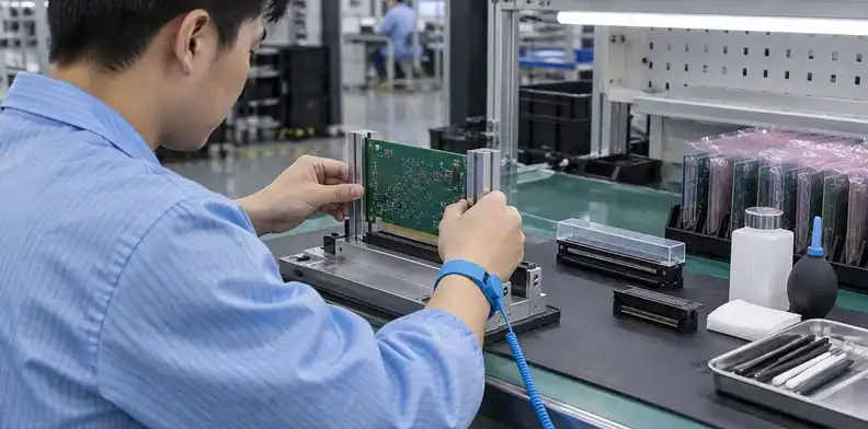 A technician uses an alignment fixture to protect card-edge contacts during controlled insertion.