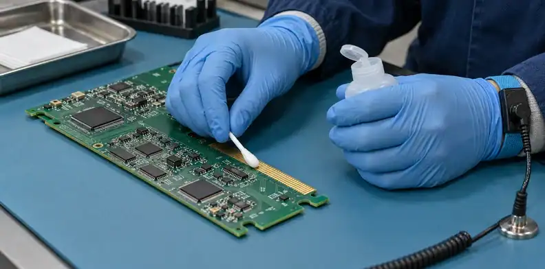 Gloved hands clean card-edge contacts with a low-lint swab under ESD controls.