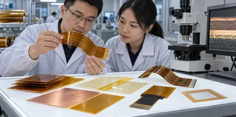 Engineers compare flex PCB adhesives, coverlay, and stiffener material samples.