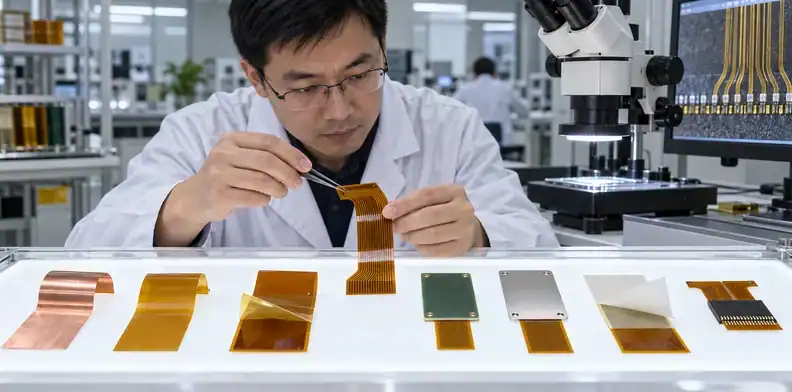 Flex-circuit samples show distinct core, coverlay, stiffener, and PSA interfaces.