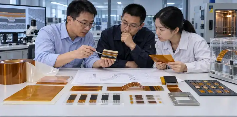 A buyer and FPC engineer review adhesive interface requirements for quotation.