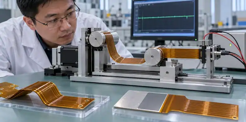 Static-fold and dynamic-flex specimens undergo controlled bend testing.