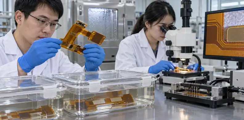 Bonded flex samples are evaluated after humidity and chemical exposure.