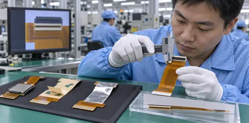 Localized stiffeners and pressure-sensitive adhesive are placed on flex tails.
