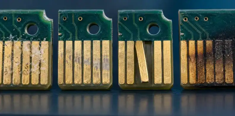 Magnified card-edge contacts show residue, shallow wear, a lifted pad, and heat damage for triage.