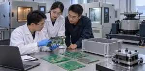 Engineers assess PCB fabrication for harsh environments beside laboratory test equipment.