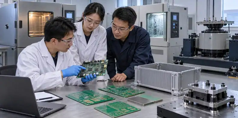 Engineers assess PCB fabrication for harsh environments beside laboratory test equipment.