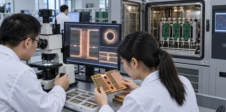A plated-via microsection is examined for copper integrity under cyclic strain.
